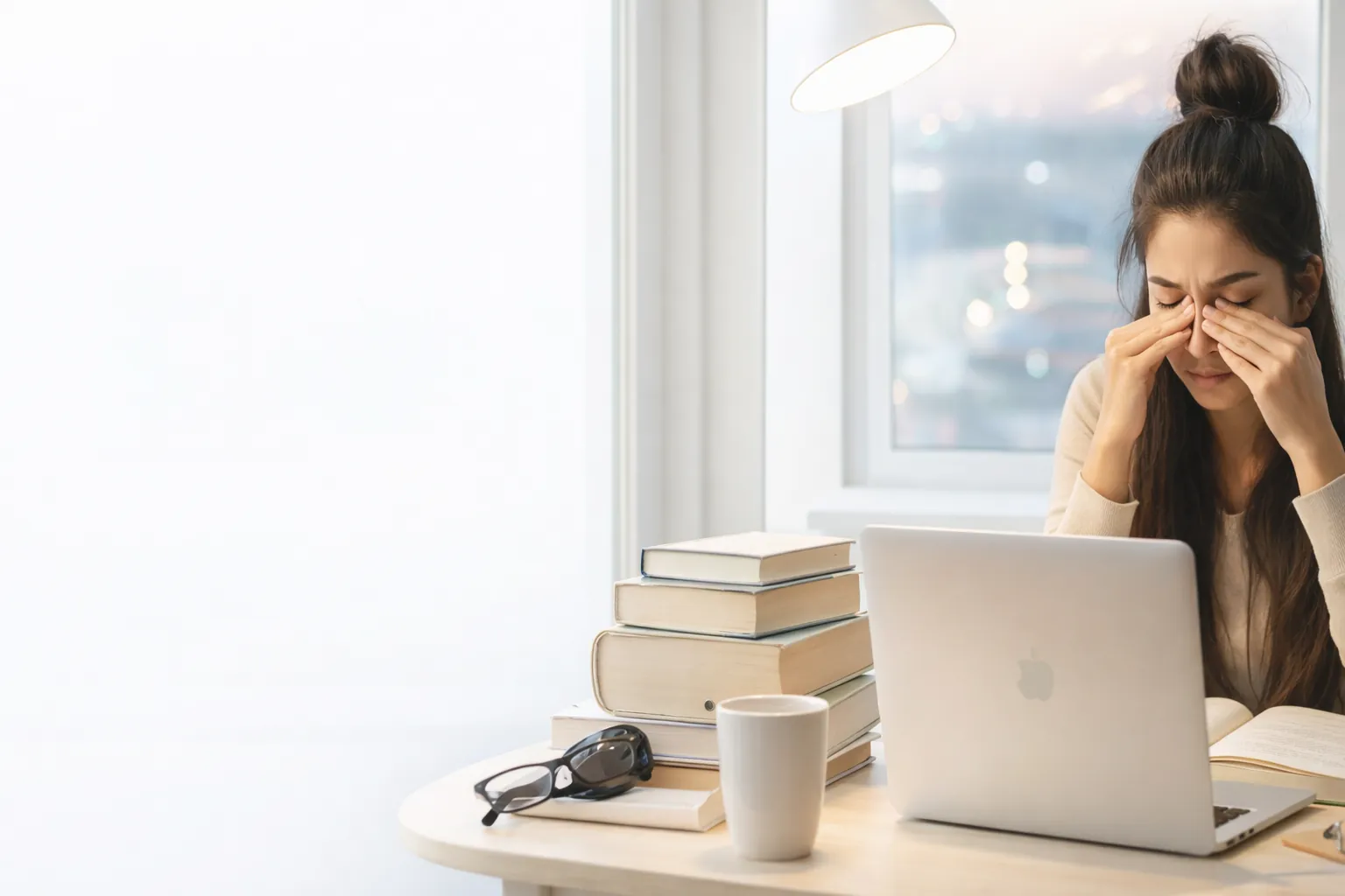 Woman rubbing tired, strained eyes after long hours at her laptop