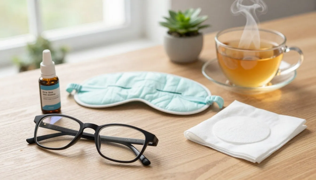 Dry eye care essentials: lubricating eye drops, cooling eye mask, blue-light glasses, warm compress and herbal tea