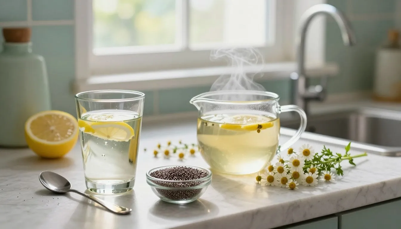 Home remedies for dry eyes: lemon water, warm chamomile tea and chia seeds on a kitchen counter